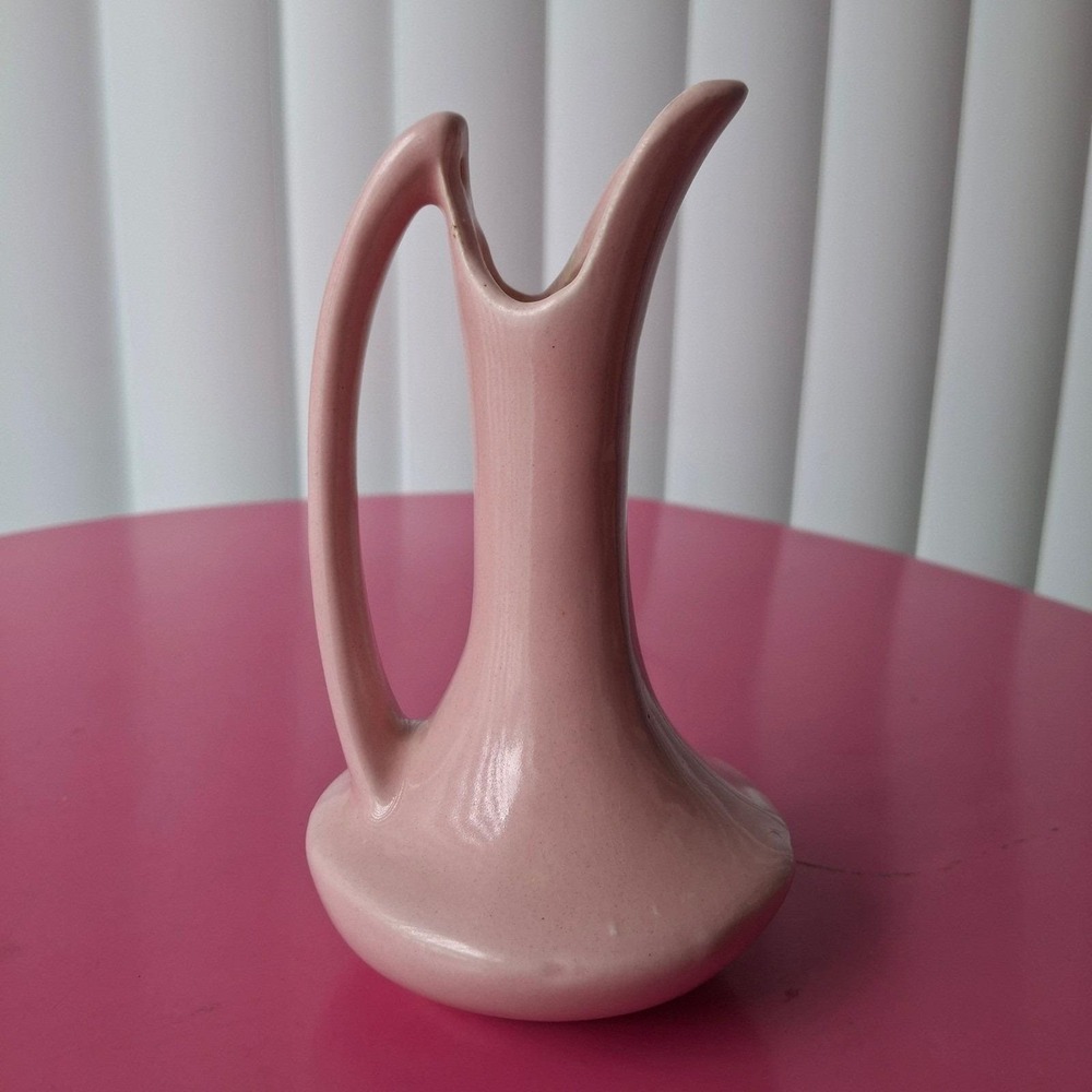 Vintage Niloak MCM Pink Ceramic Ewer Bud Vase Asymmetrical Handle
